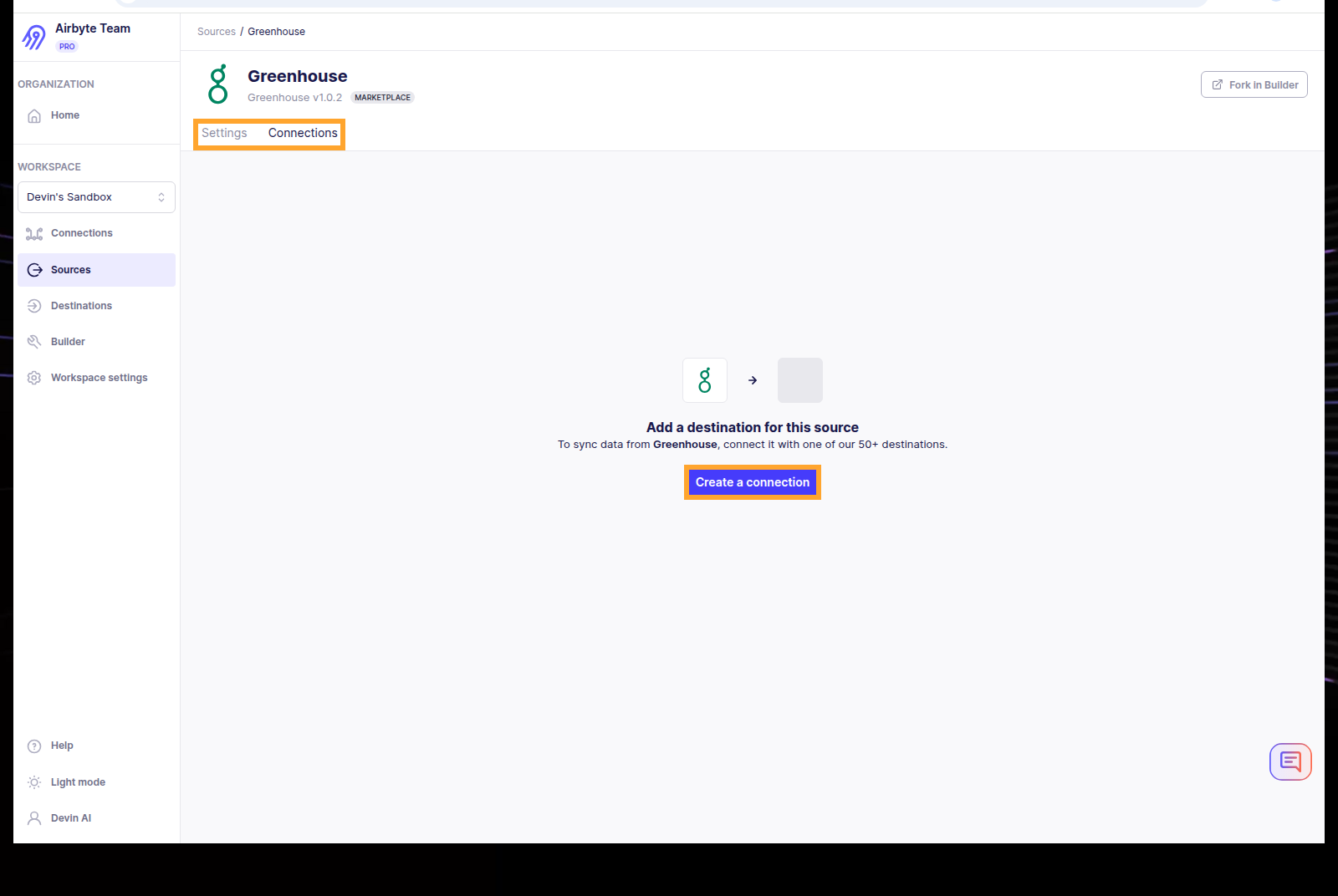 Greenhouse source saved, with the Create a connection button