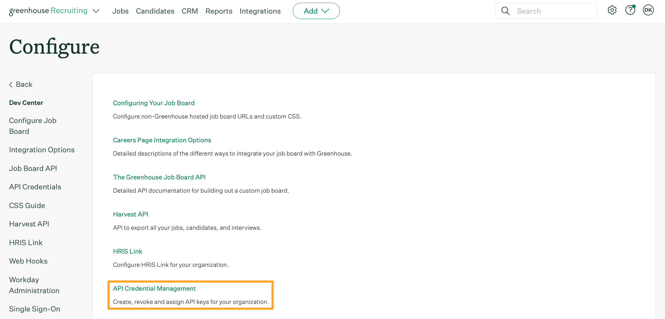 The Dev Center page shows the API Credential Management button highlighted in the middle in a marigold emphasis box.png