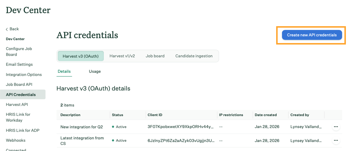 API Credential Management page showing the Create new API credentials button