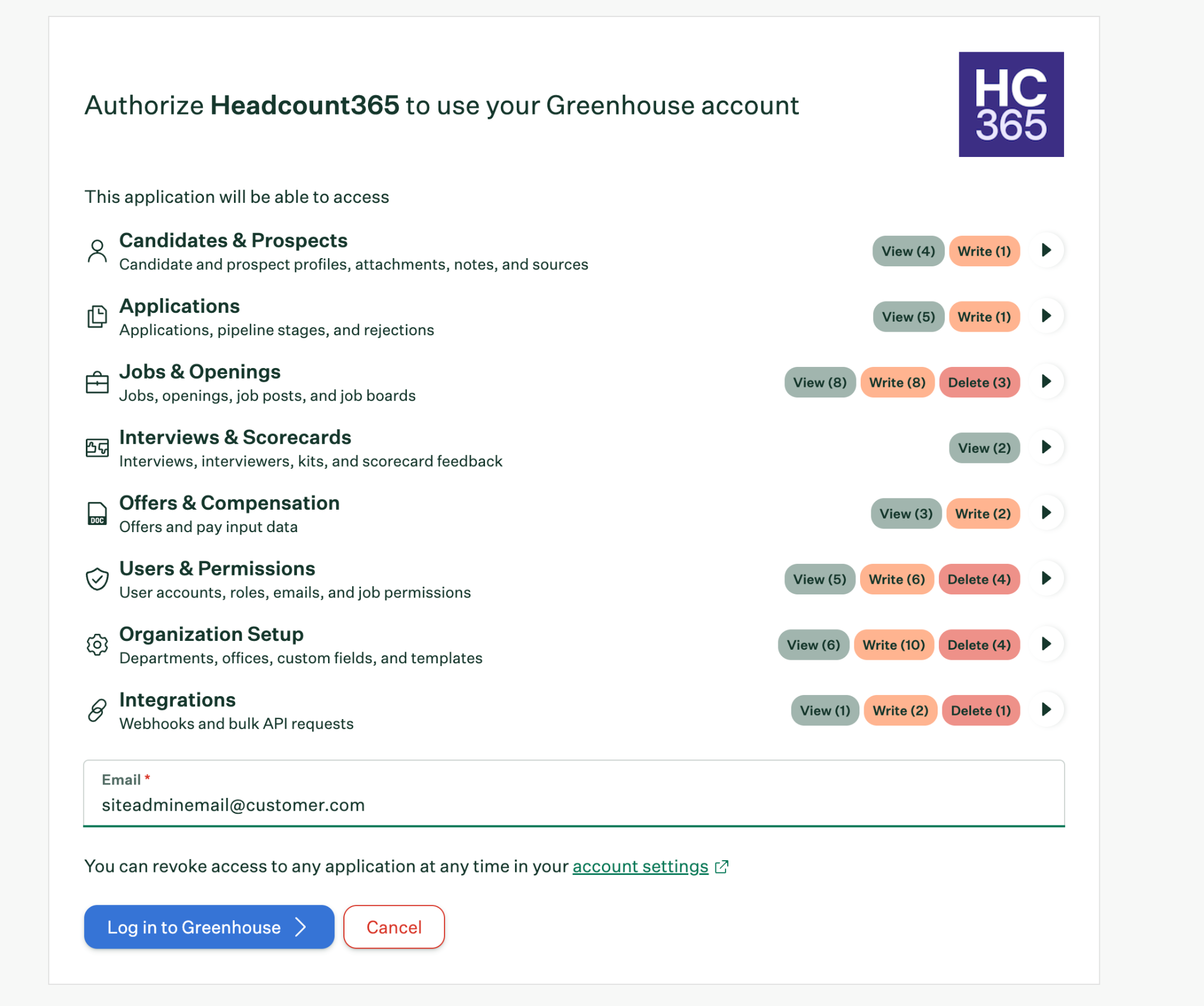 Greenhouse consent screen listing the requested Harvest v3 permissions