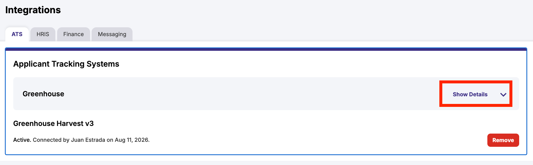 headcount365 Greenhouse integration settings menu with Show Details expanded