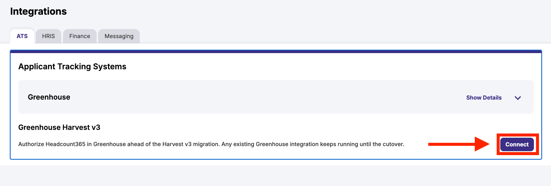 headcount365 Integrations page showing the Greenhouse Harvest v3 section with a Connect button