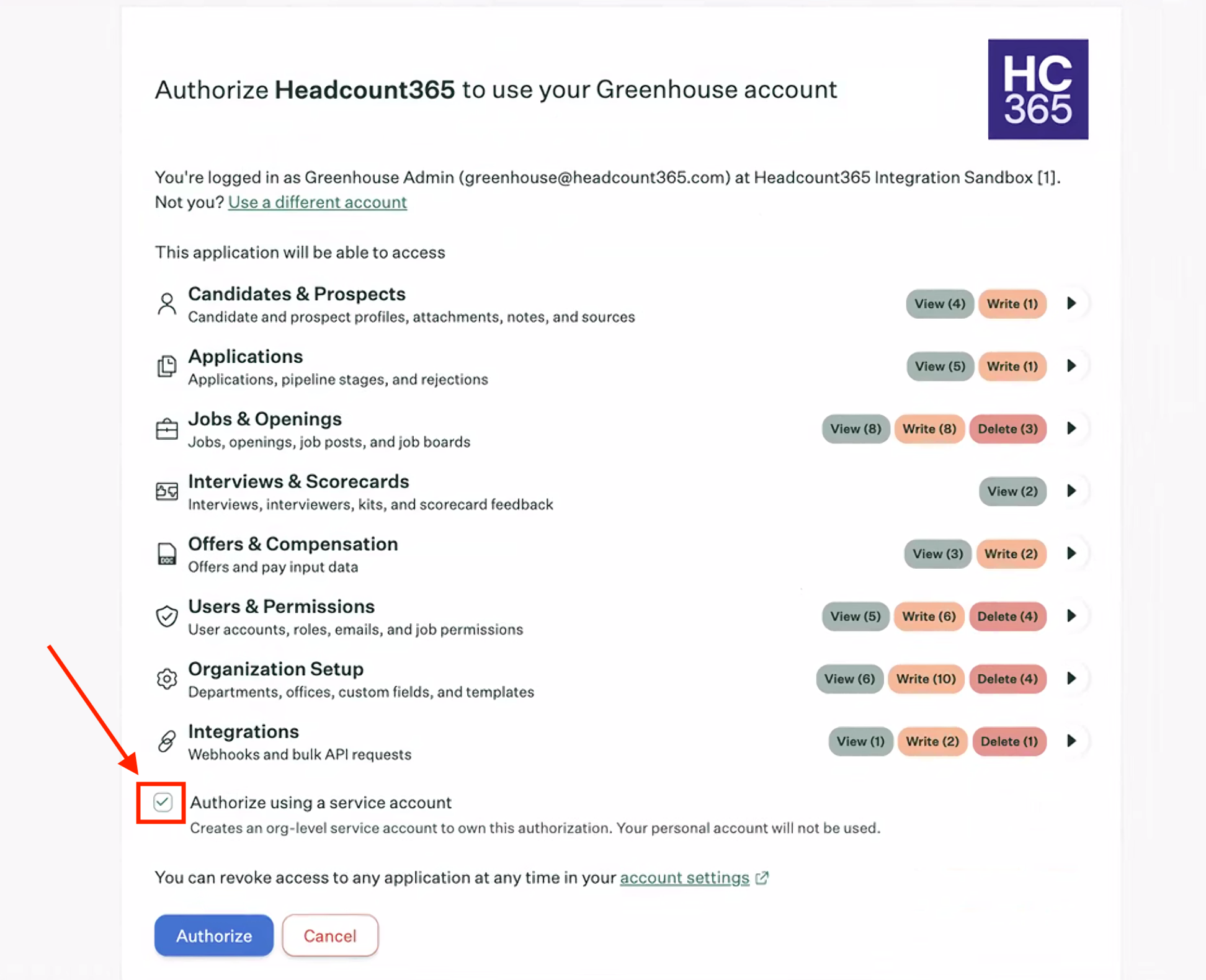 Greenhouse authorization screen with the Authorize using a service account checkbox selected