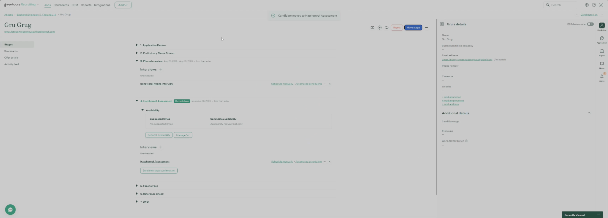 Moving a candidate's application into the Hatchproof Assessment stage in Greenhouse