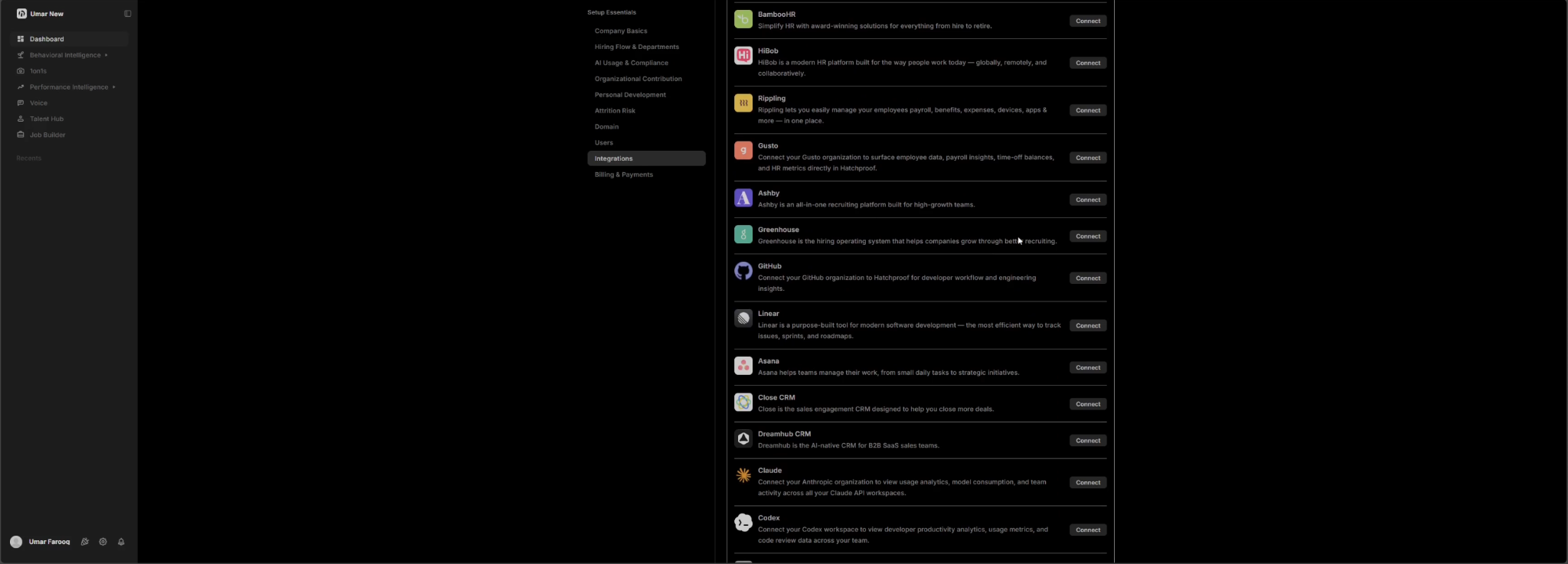 Hatchproof Integrations page showing the Greenhouse connection option