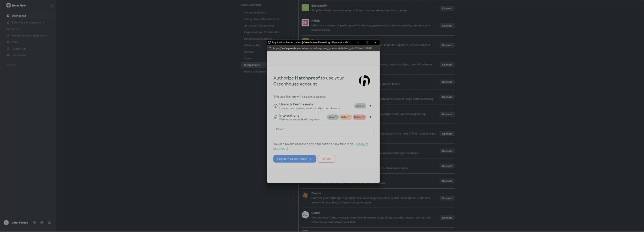 Greenhouse OAuth consent screen