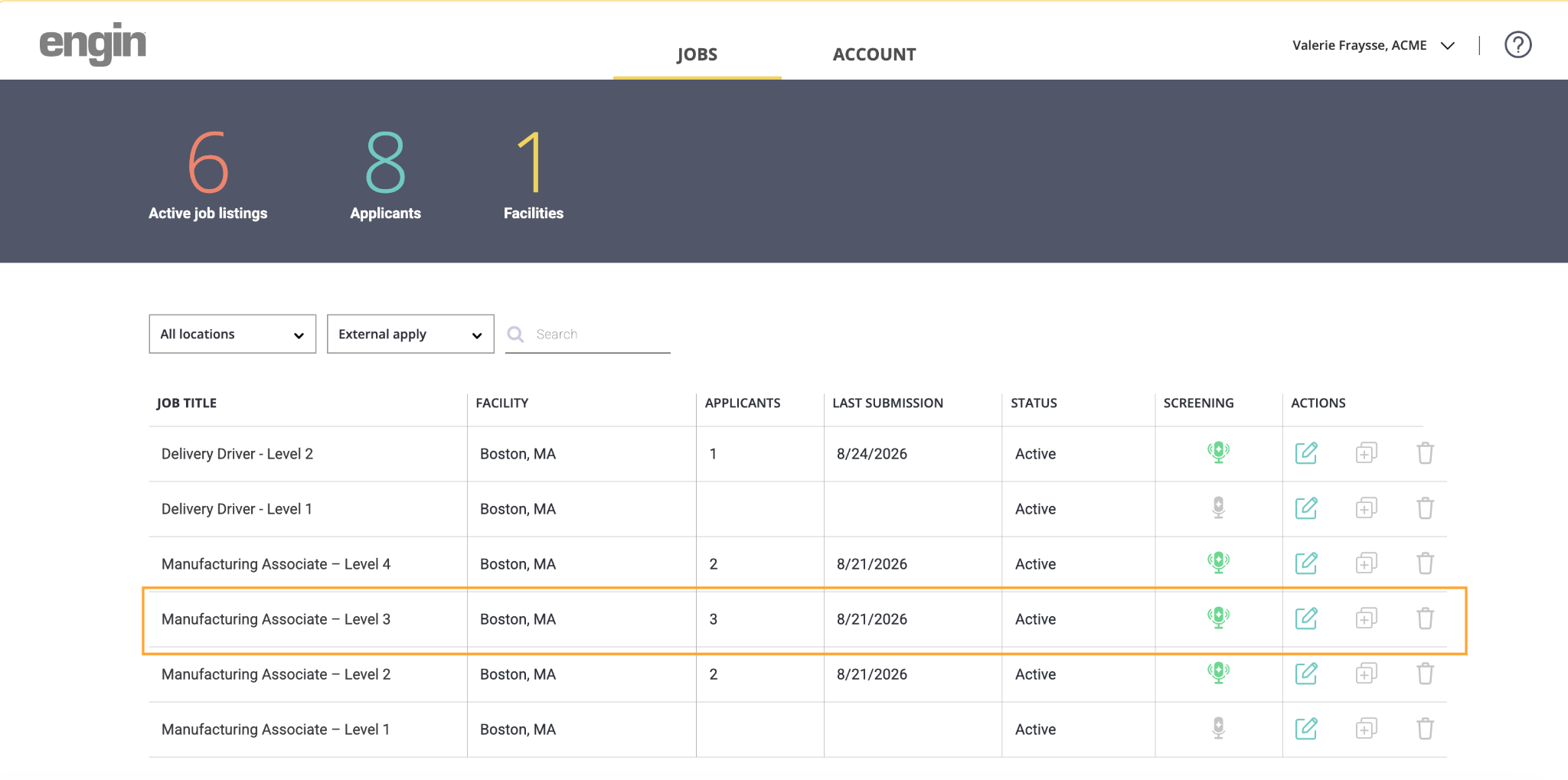 engin's dashboard showing the list of synced jobs