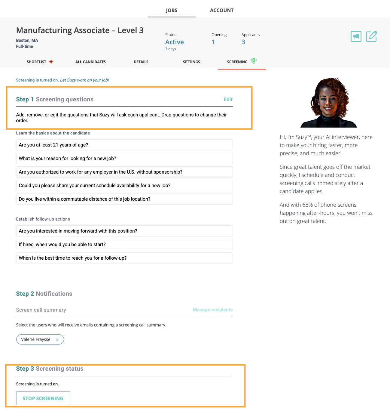 engin's dashboard for managing AI screening options, including turning screening on or off and setting interview questions