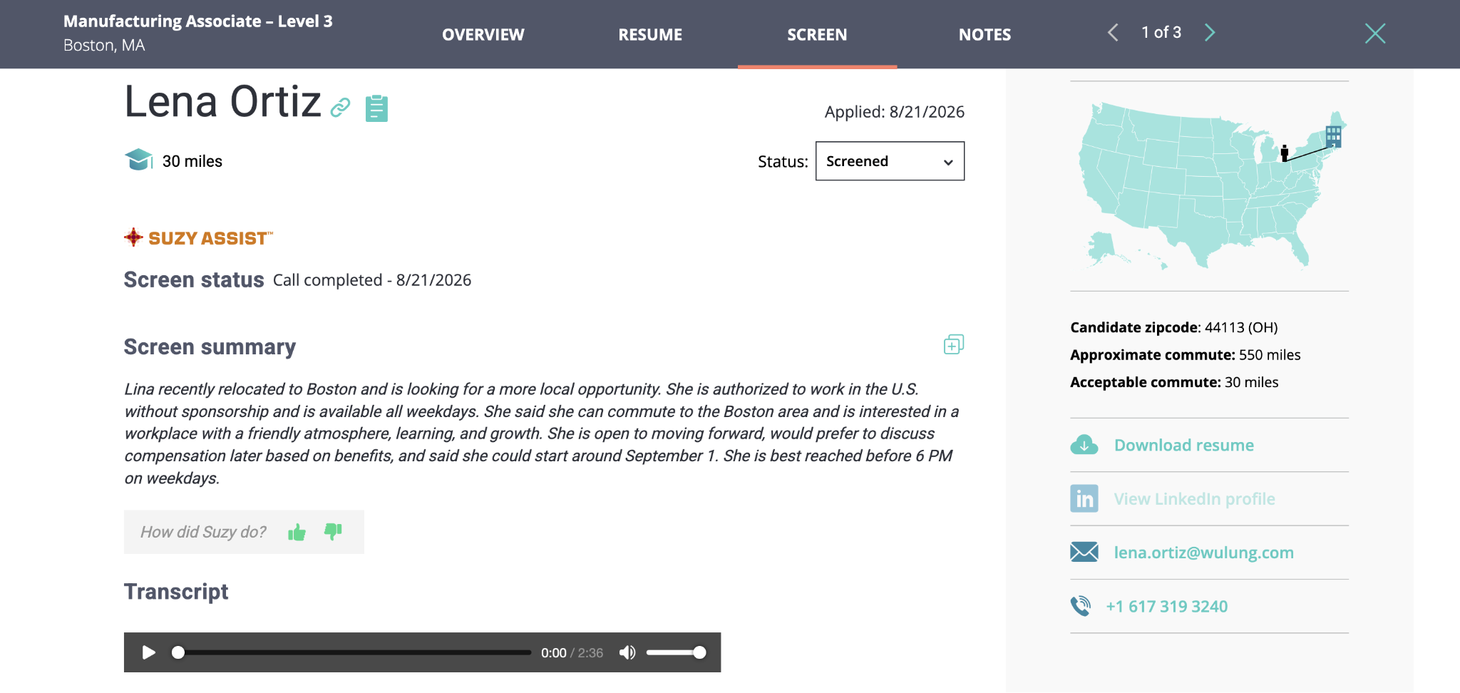 engin's dashboard showing a candidate interview summary, recording, and transcript