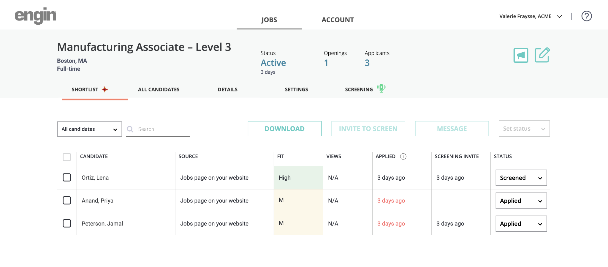 engin's dashboard showing the shortlisting of candidates