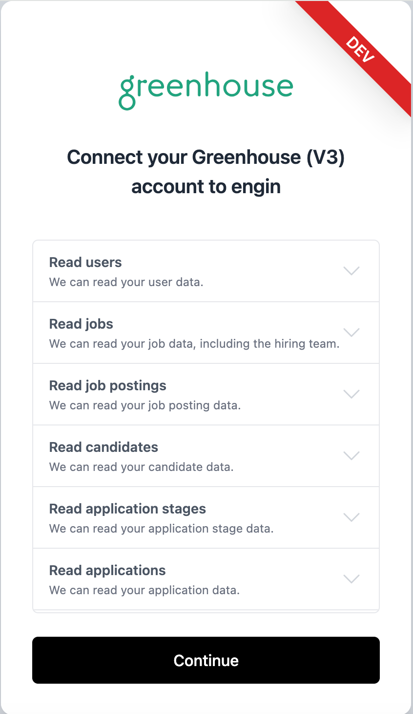 Greenhouse connection setup wizard, step 1
