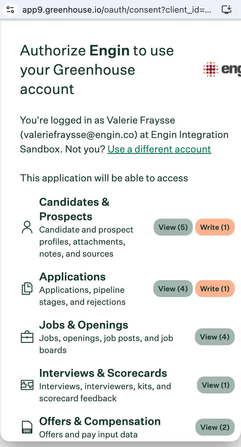 Greenhouse account signed in, top of authorization screen