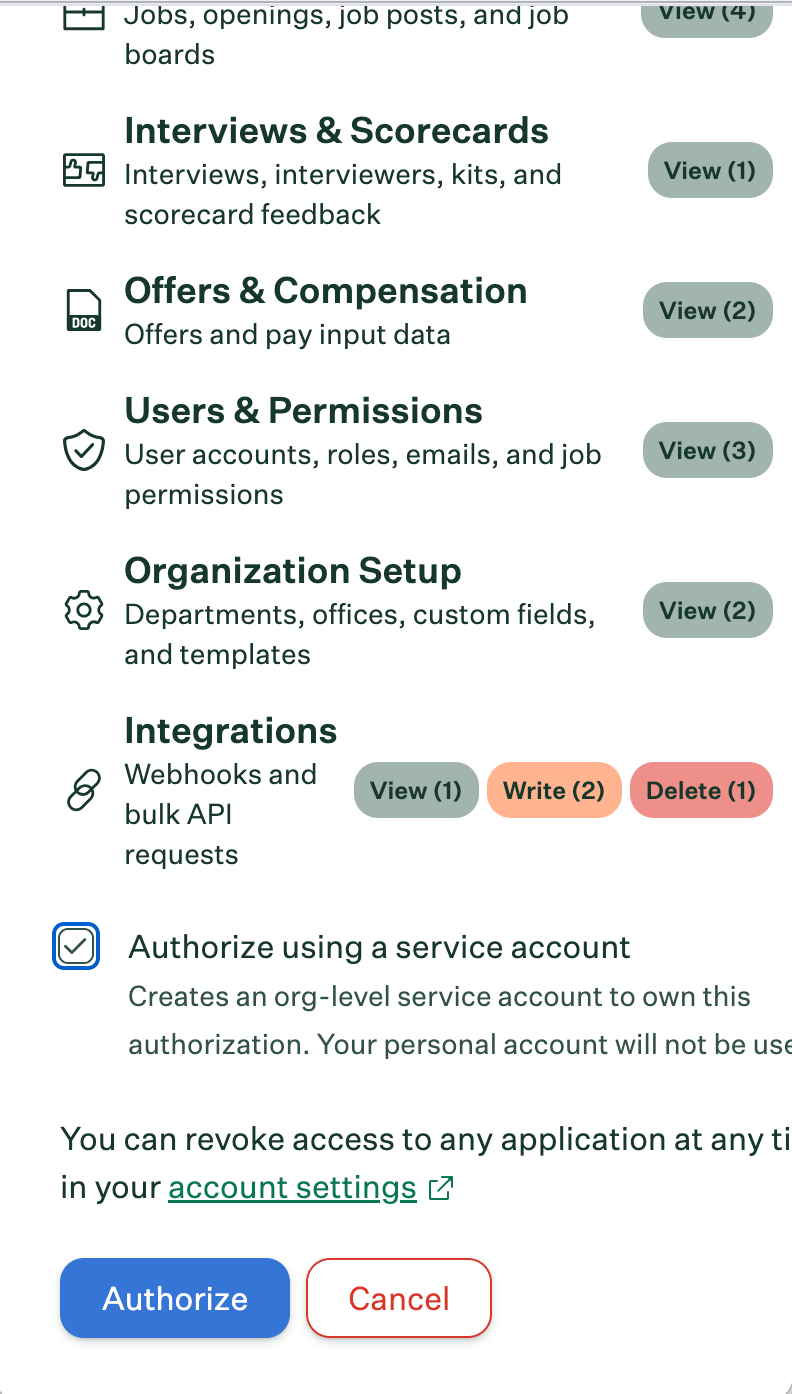 Greenhouse account signed in, bottom of authorization screen