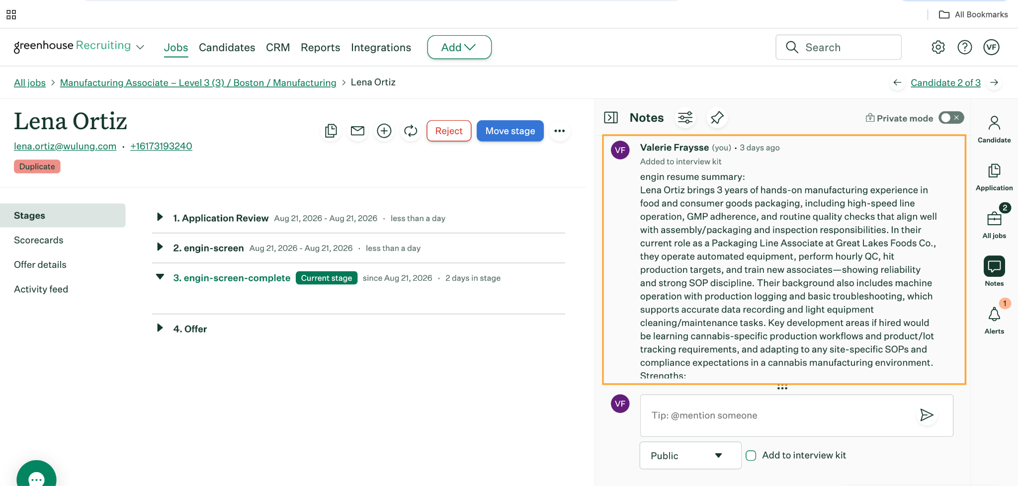 Greenhouse application note created by engin for an analyzed application, showing the candidate profile summary for the job