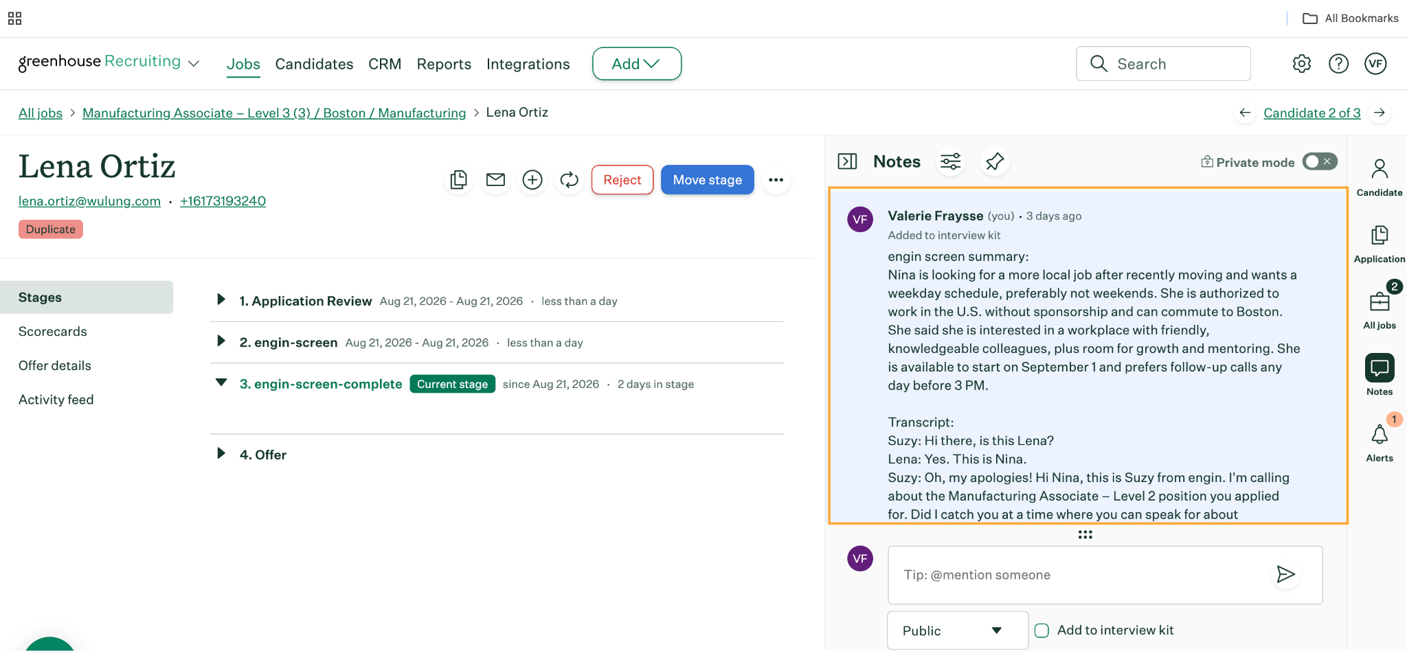 Greenhouse application note created by engin after a Suzy AI interview, including the interview summary