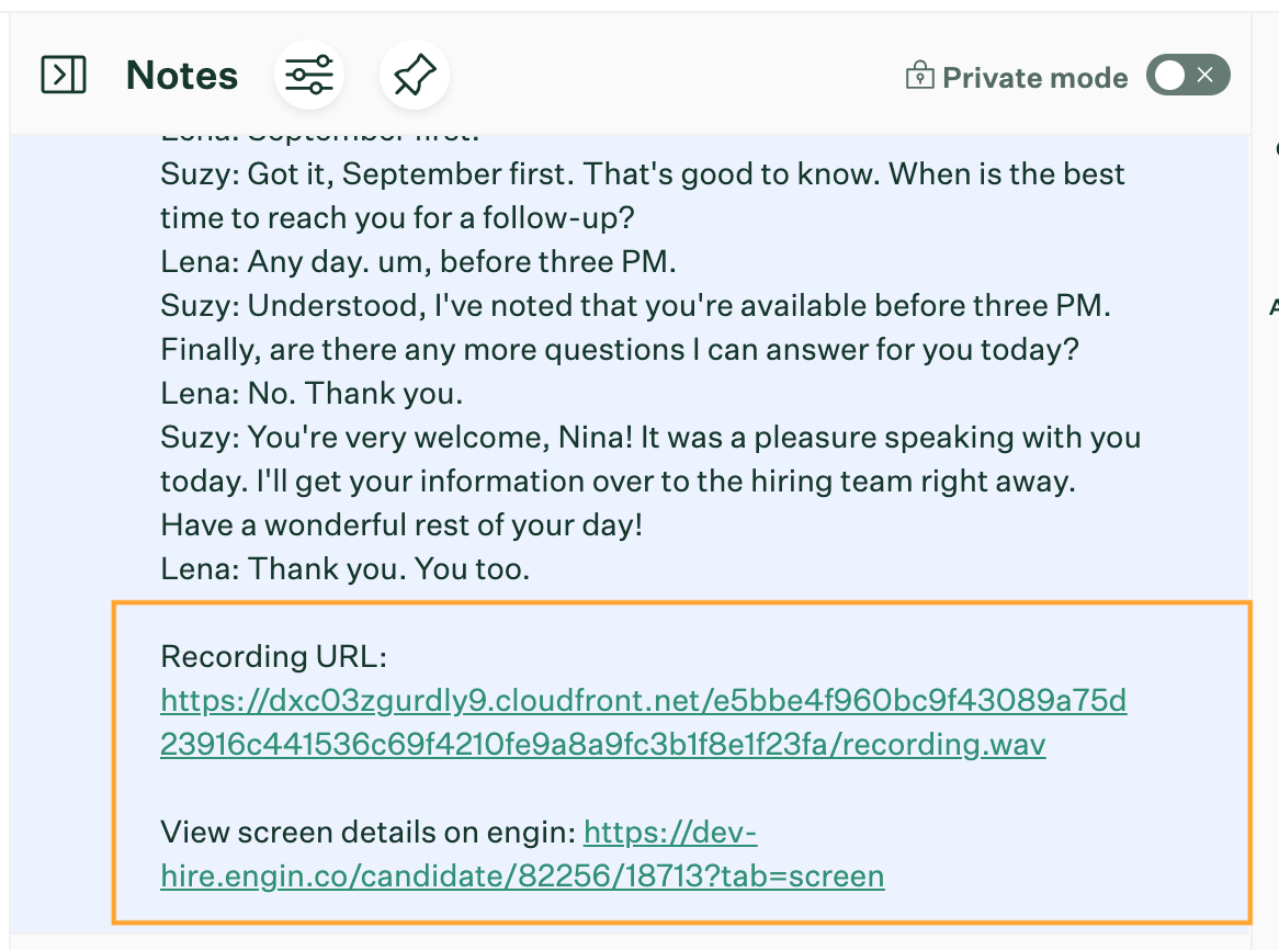 Greenhouse application note with links to the Suzy AI interview transcript and recording