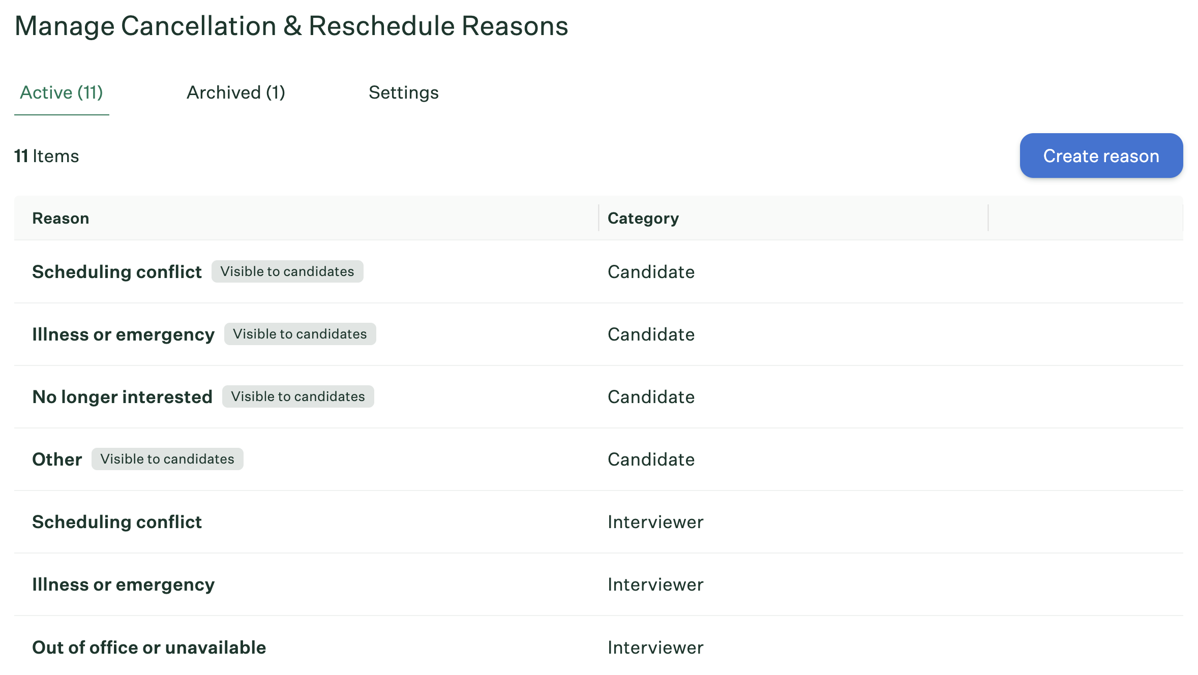 Manage cancellation and reschedule reasons showing who they're visible to and "Create reason" button