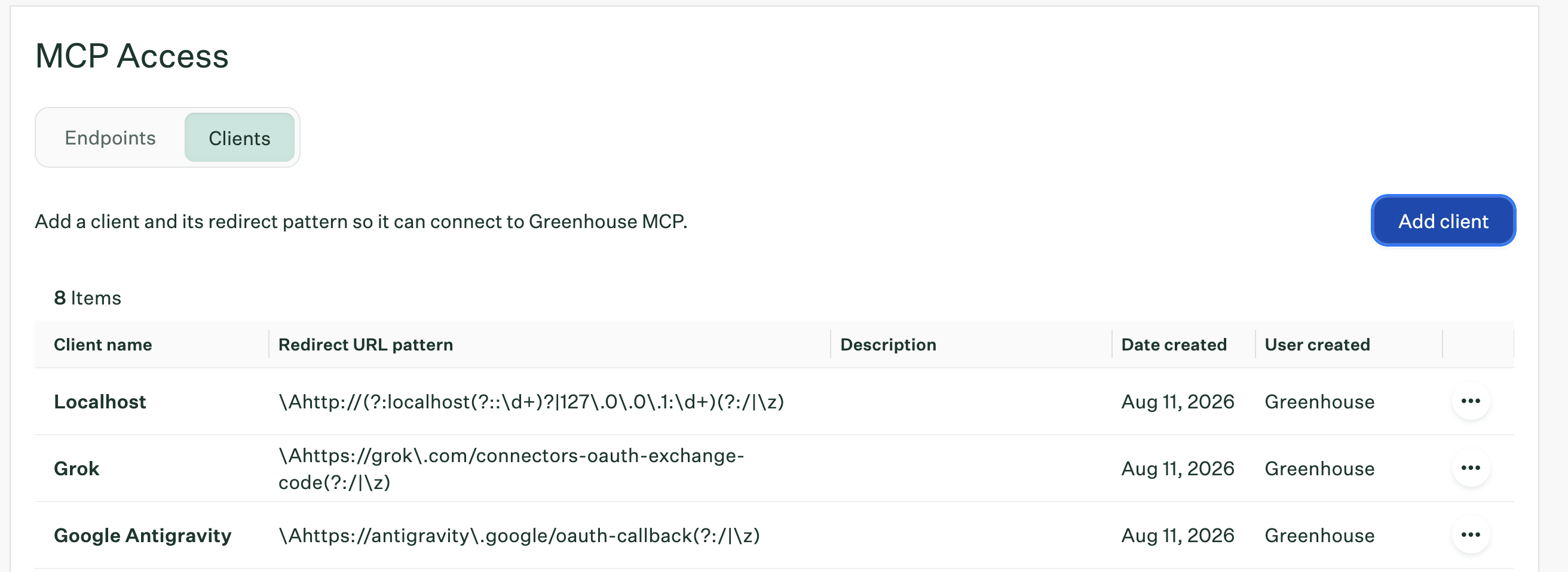 MCP Access showing where to a manage clients