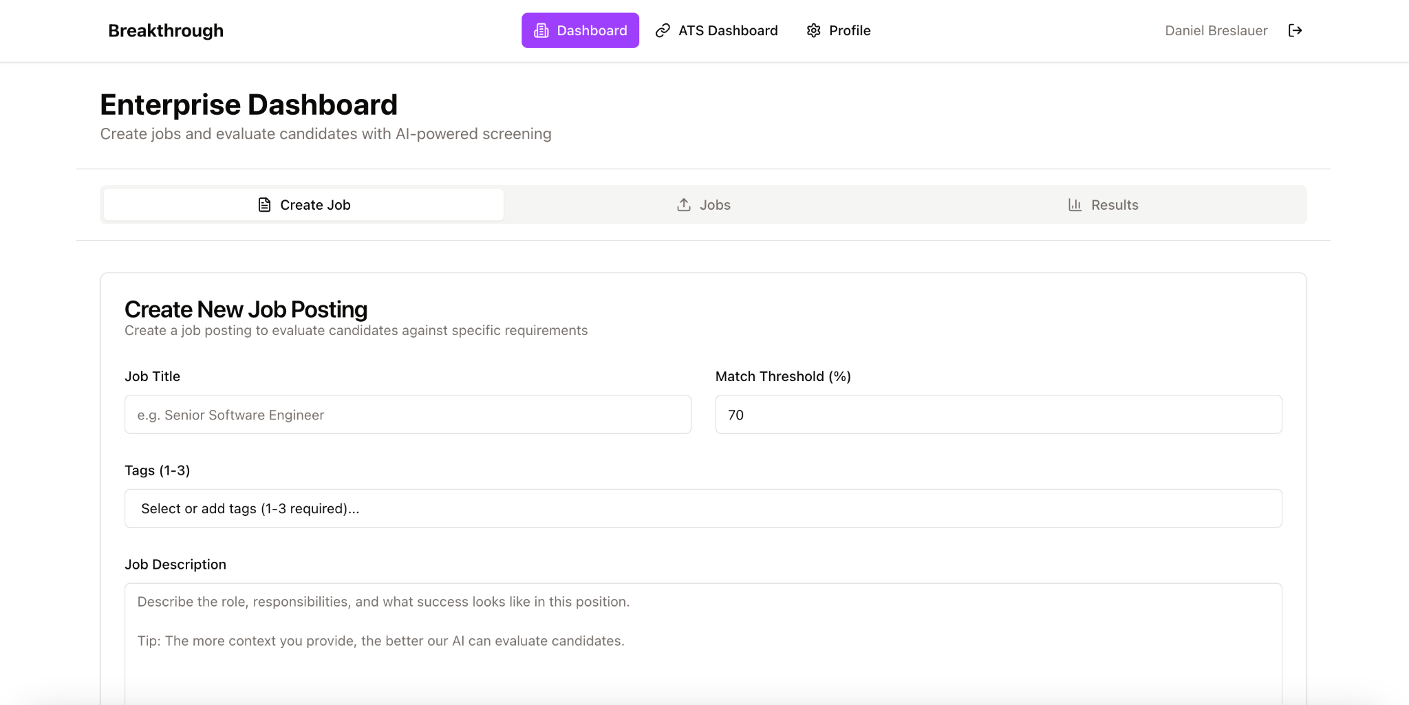 Breakthrough Jobs navigation bar showing the ATS Dashboard option