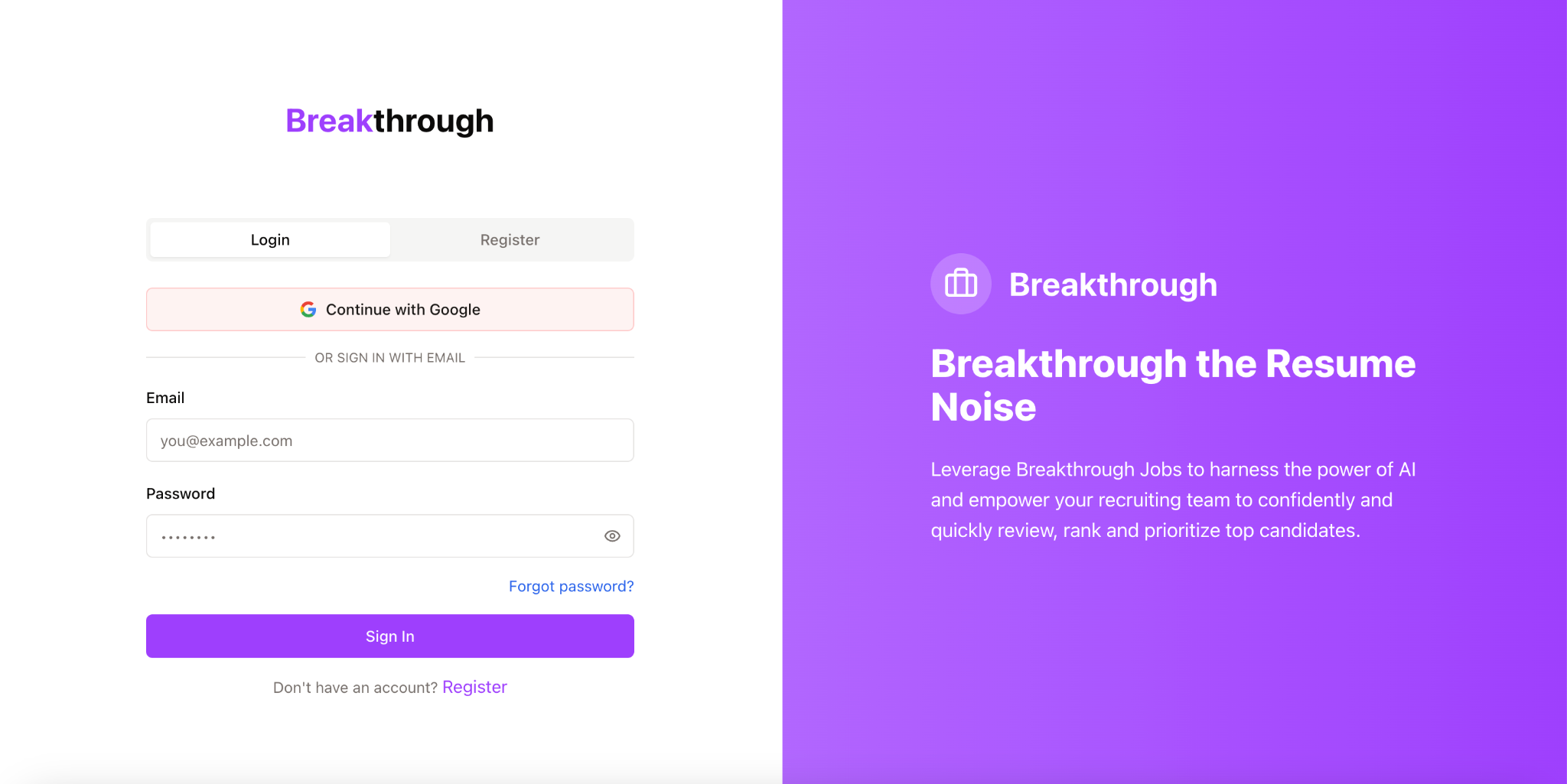 Breakthrough Jobs login screen