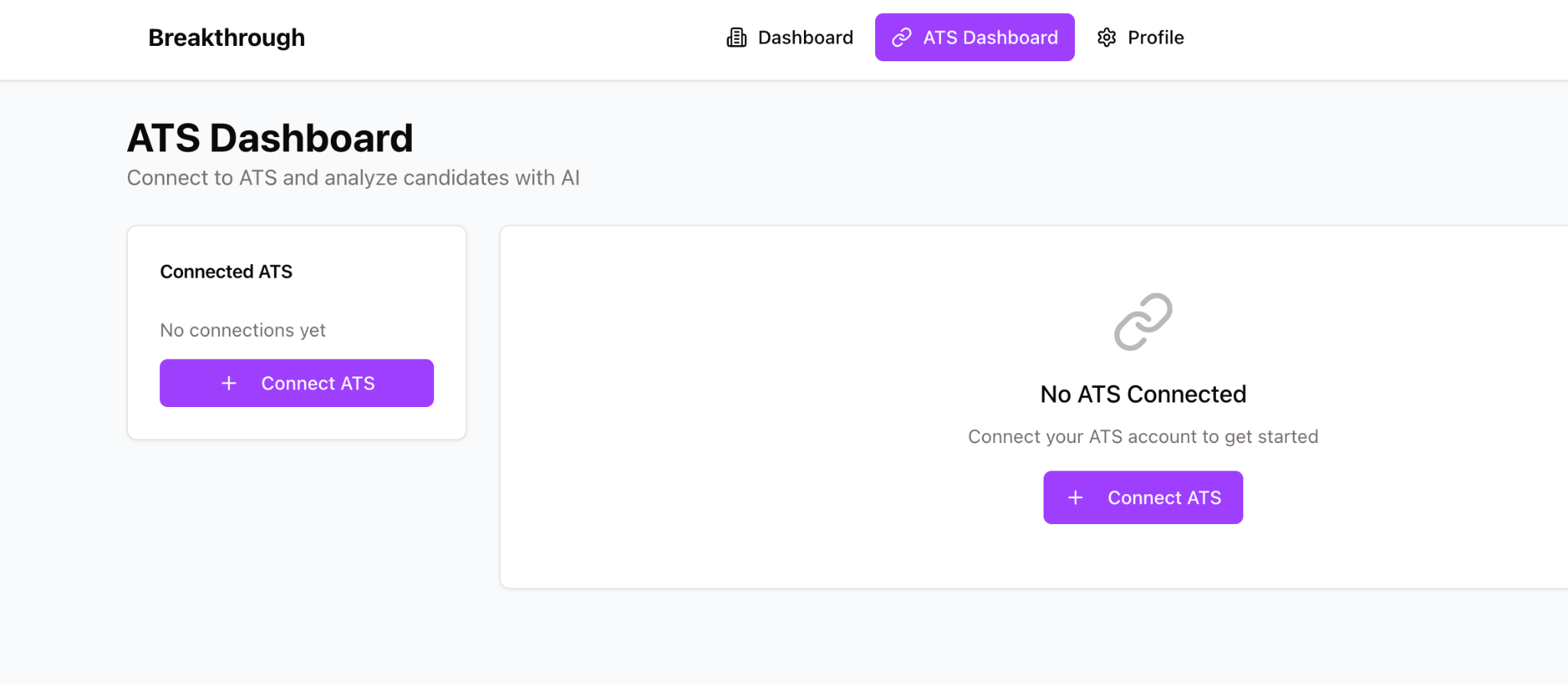 Breakthrough Jobs ATS Dashboard with the Connect ATS button