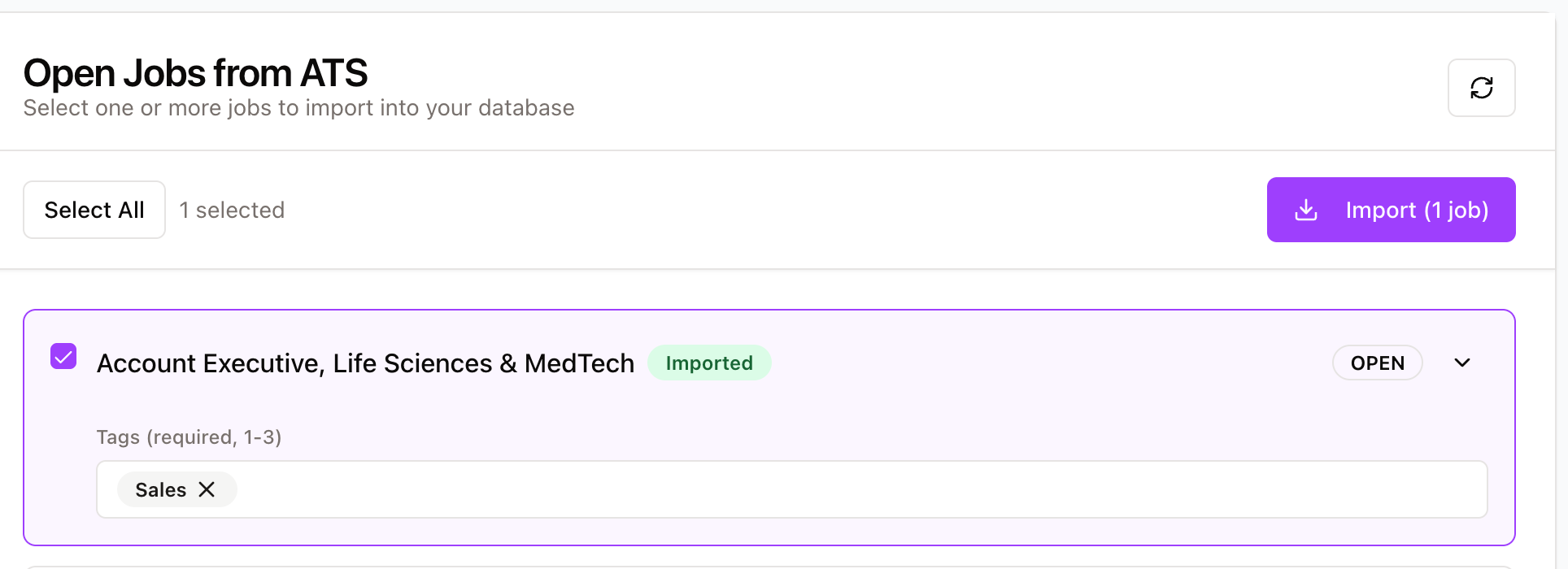 Job entry with a tag and an Import button