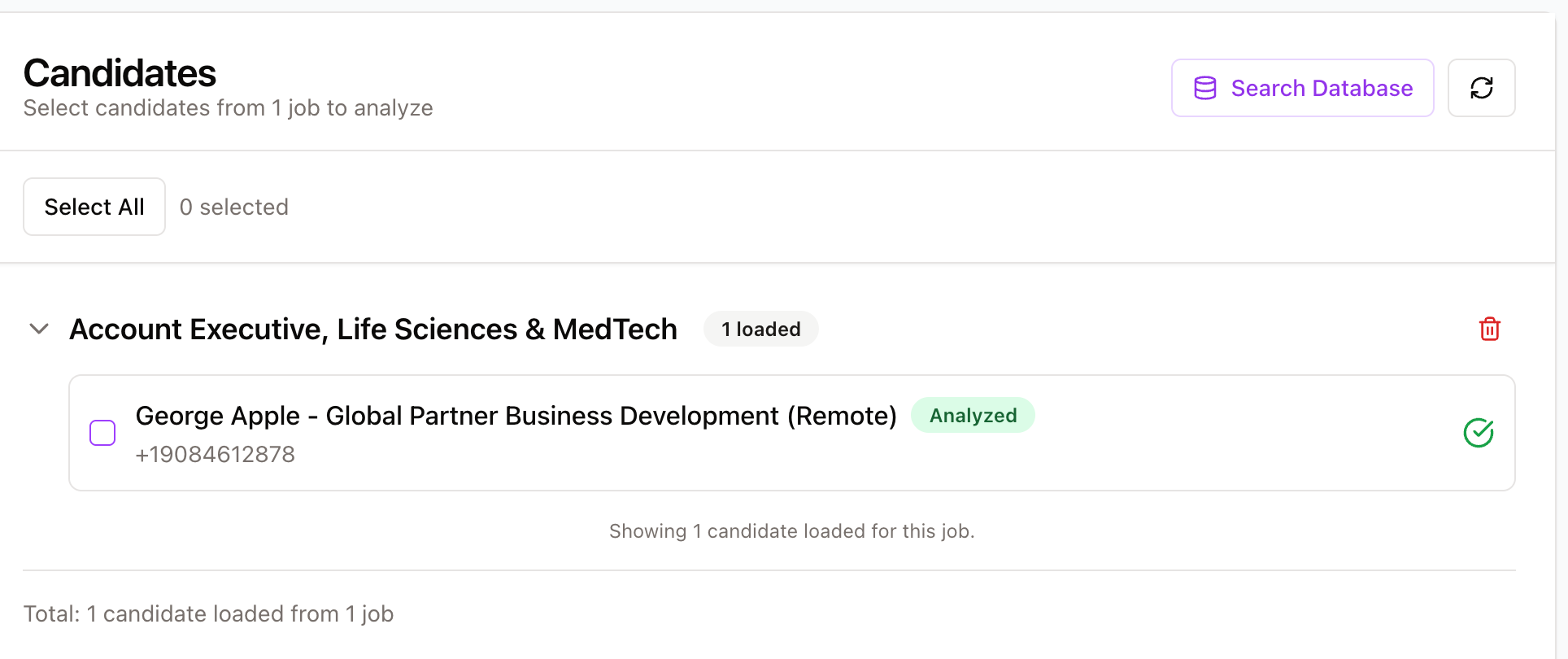 Candidate tab showing applicants for a job