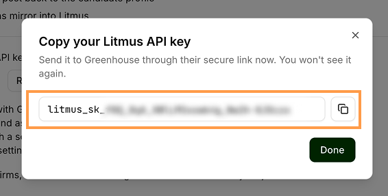 Litmus dialog displaying the generated API key