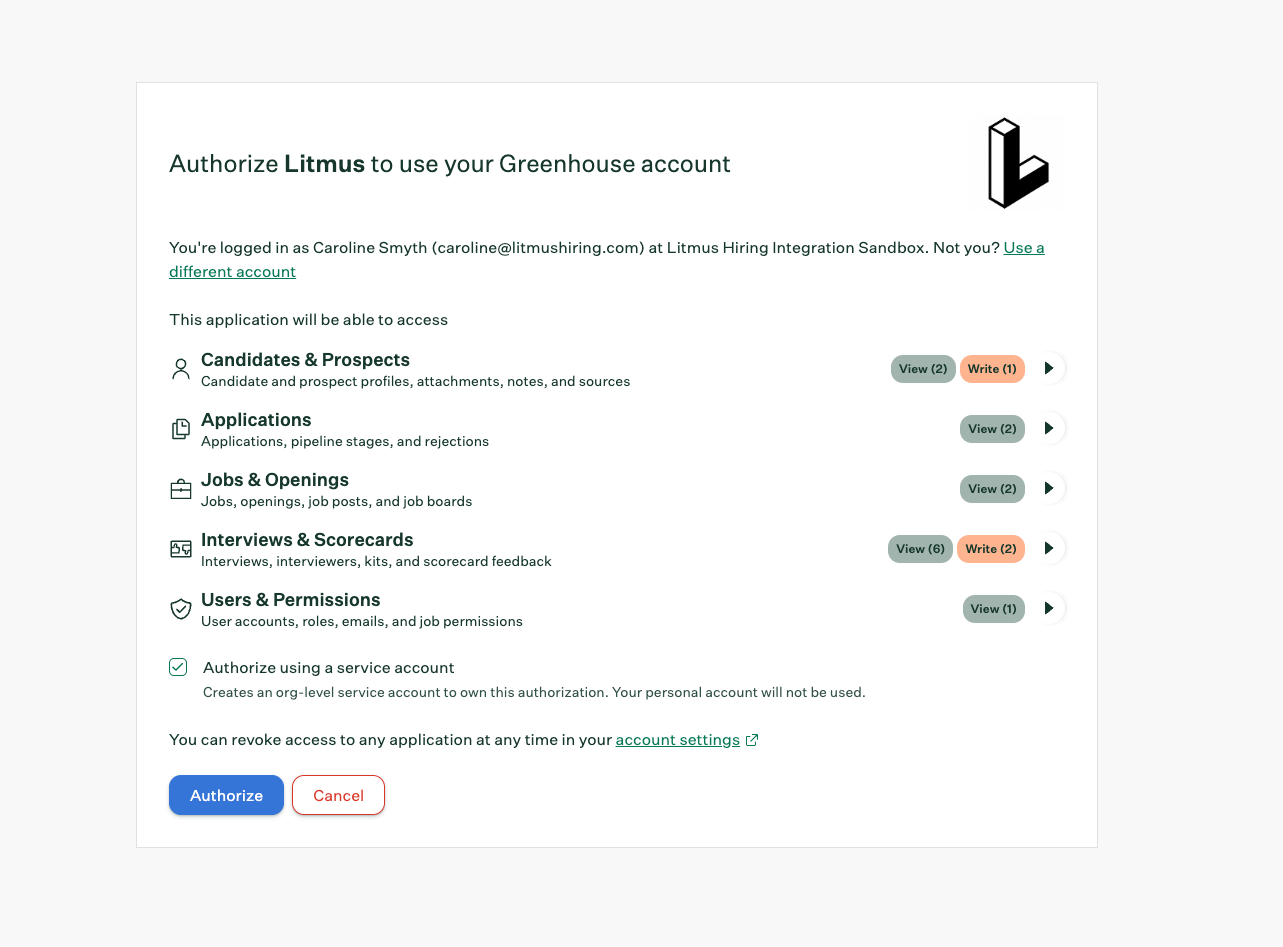 Greenhouse authorization screen with the option to authorize using a service account