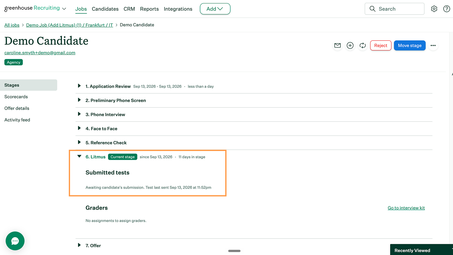 Greenhouse Recruiting displaying the Litmus assessment status