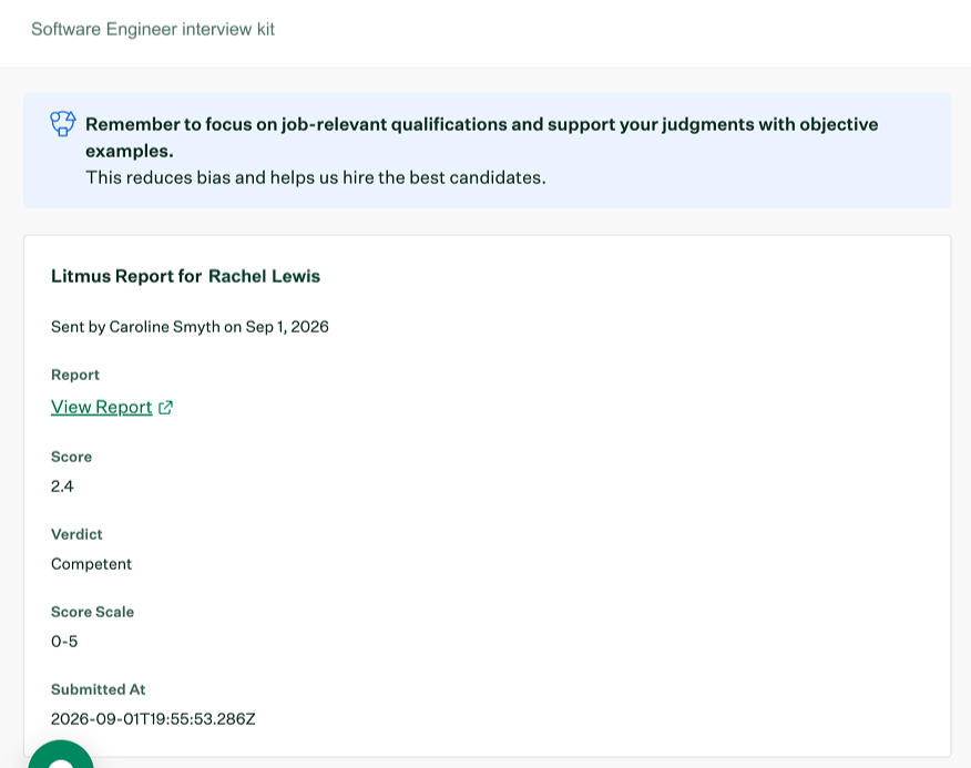 Greenhouse Interview Kit with a link to view the submitted test in Litmus