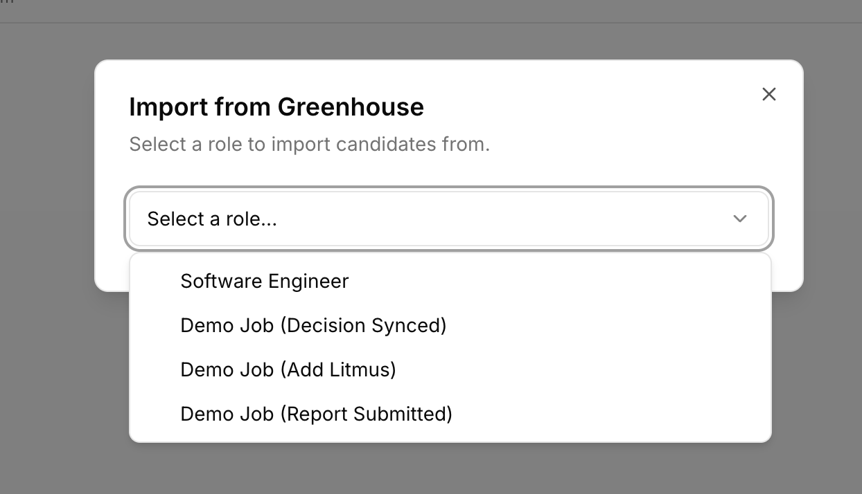 Litmus Import from ATS dialog listing Greenhouse job applicants with name and email