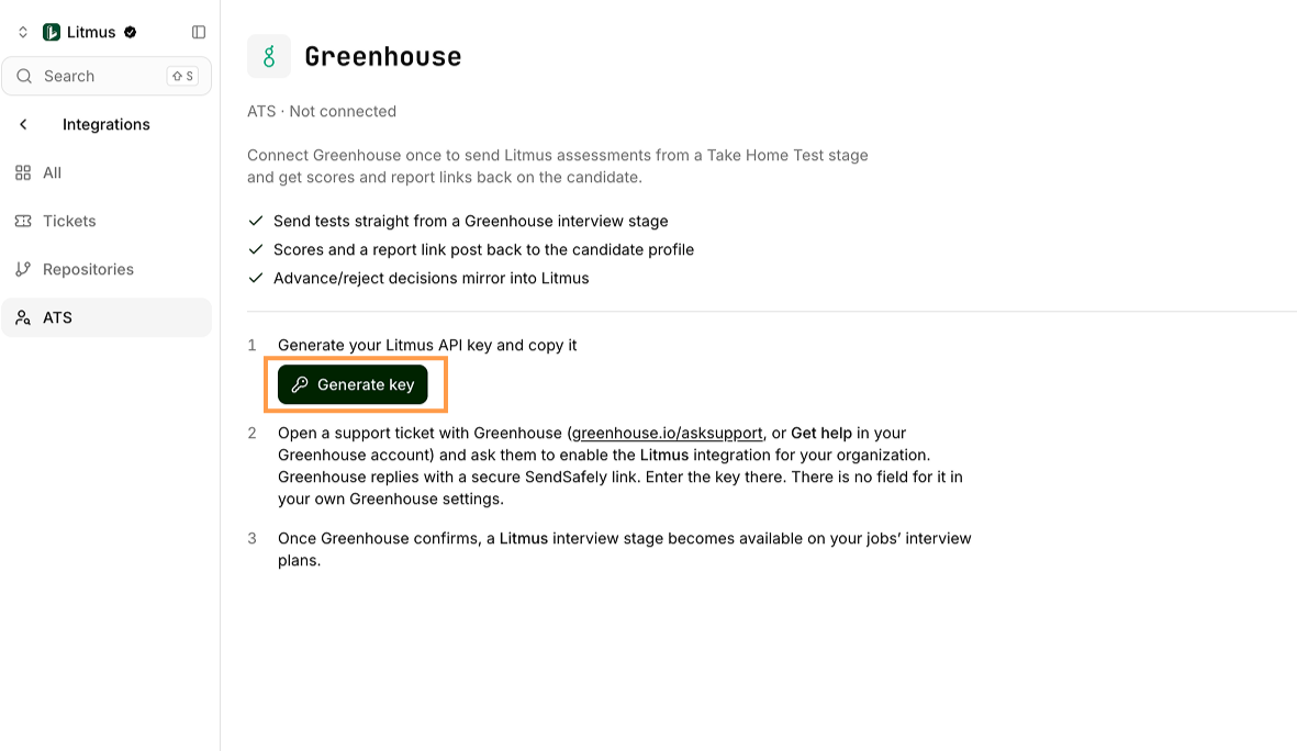 Litmus Integrations > Greenhouse screen for generating an API key