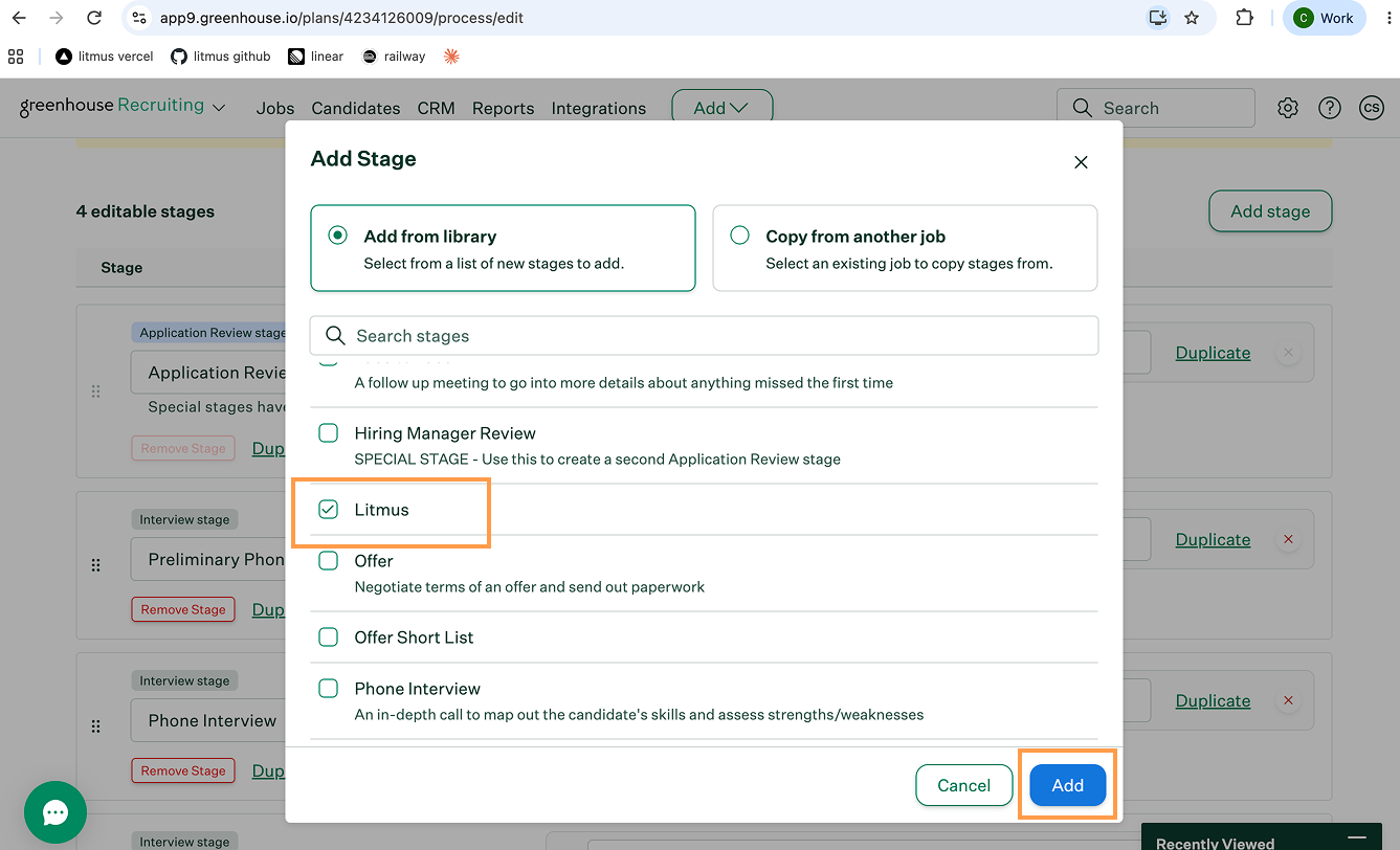 Greenhouse interview plan with the Litmus assessment stage added