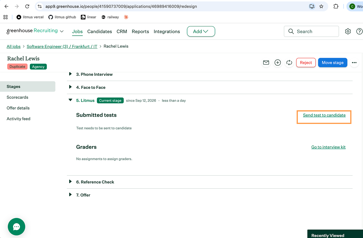 Greenhouse interview stage with the Send Test button