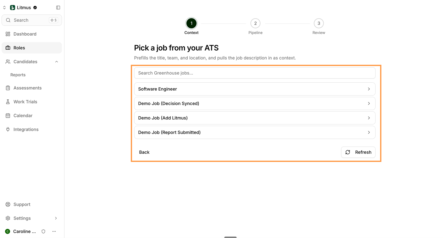 Litmus role creation screen showing fields filled from the associated Greenhouse job post