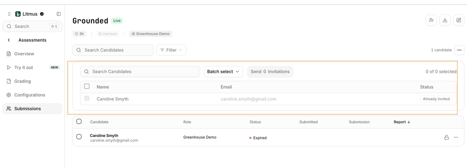 Litmus candidate selection screen with the Send Invitations button