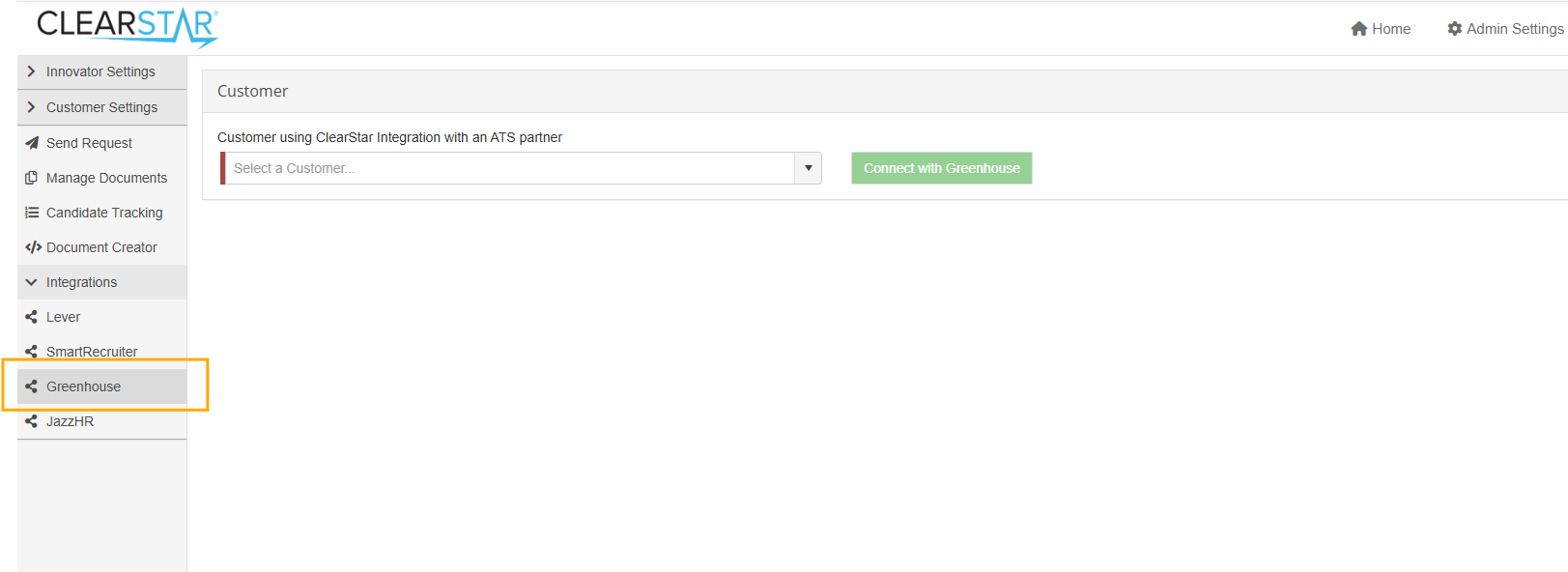 ScreenMeNow left navigation menu showing Integrations > Greenhouse