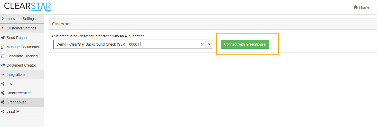 ScreenMeNow Customer dropdown and Connect with Greenhouse button