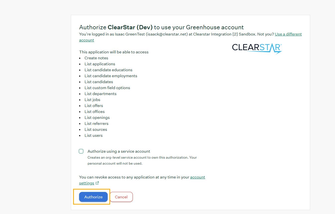 Greenhouse authorization screen showing requested permission scopes