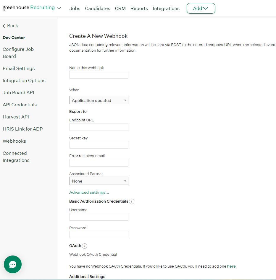Greenhouse webhook Advanced Settings with Basic Authorization Credentials fields
