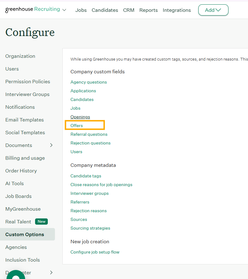 Greenhouse Custom Options page showing Company Custom Fields – Offers