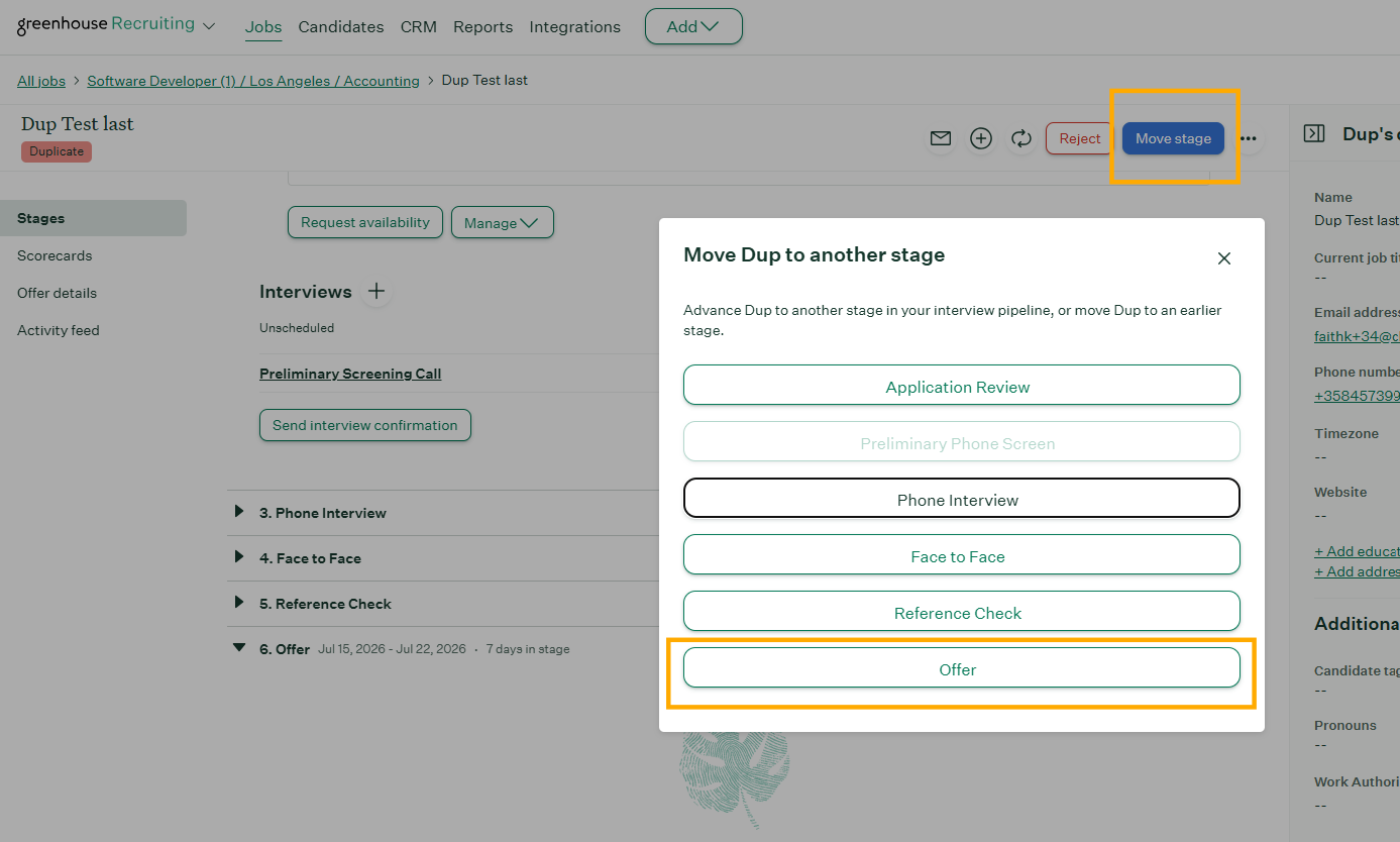 Candidate profile showing Move Stage and Manage Offer