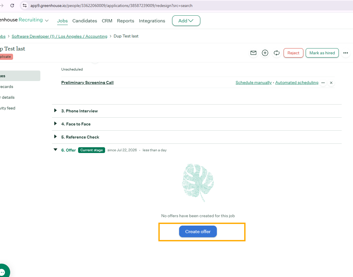 Offer page showing Mark Candidate as Hired