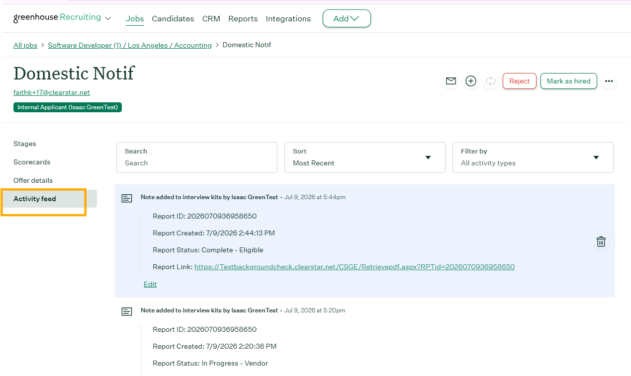 Candidate Activity Feed showing a ClearStar status note