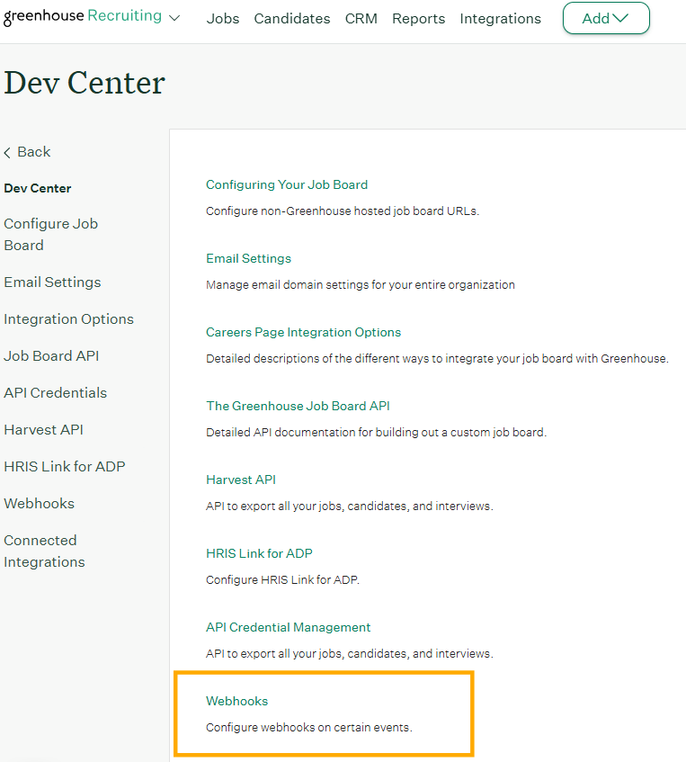 Greenhouse Dev Center showing the Web Hooks option