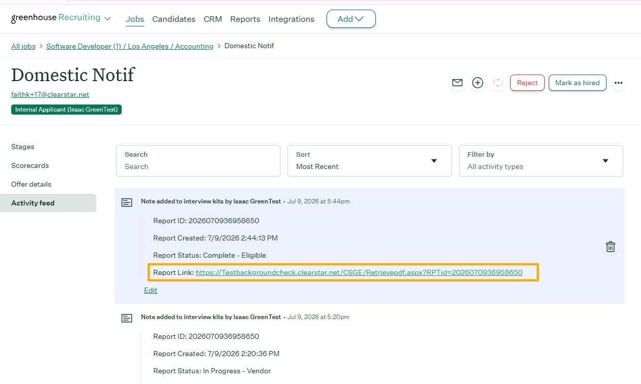 Candidate Activity Feed showing a completed ClearStar report link
