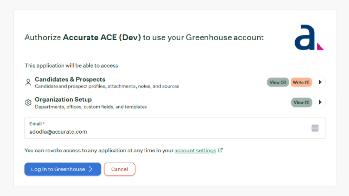 Log in to Greenhouse screen