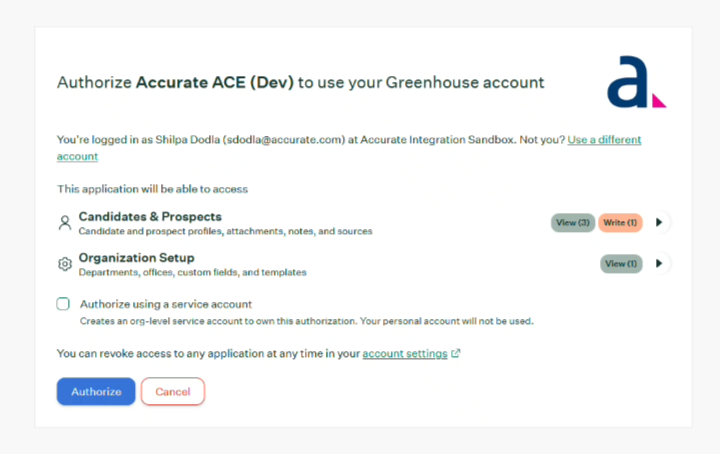 Greenhouse authorization screen with Authorize button