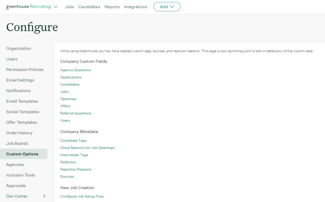 Configure page with Custom Options in the left-hand panel